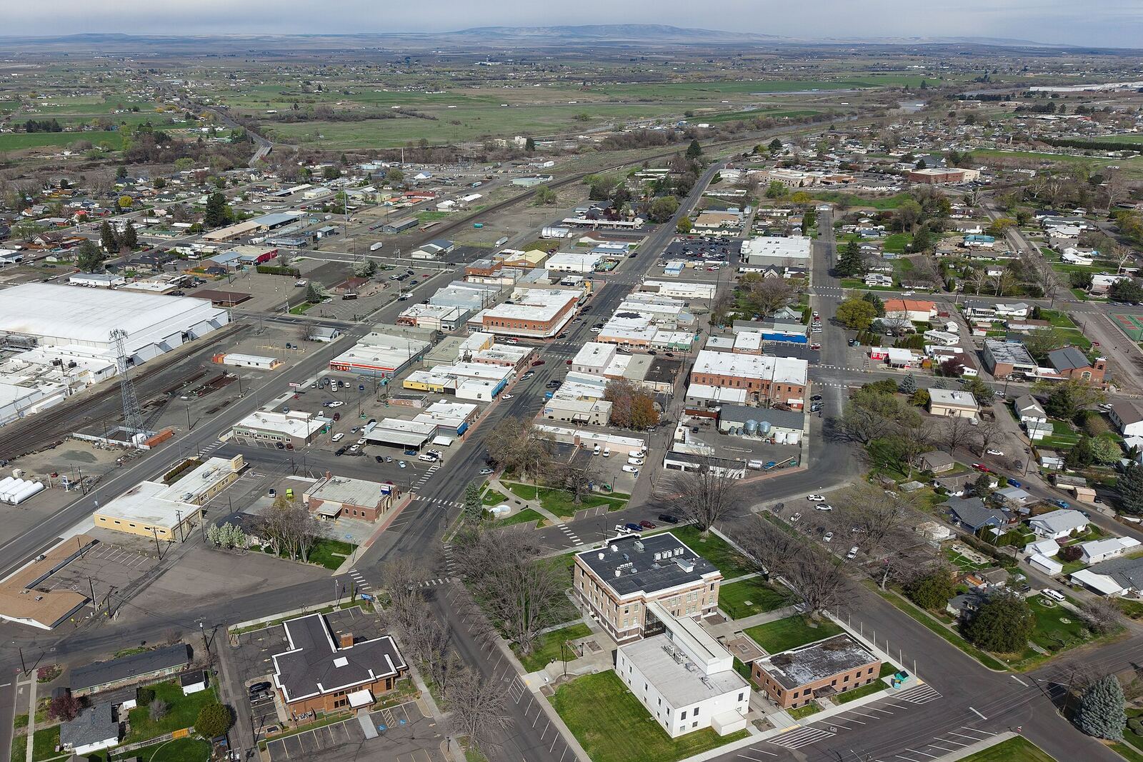 Aerial view of downtown Prosser with farmland stretching to the hills